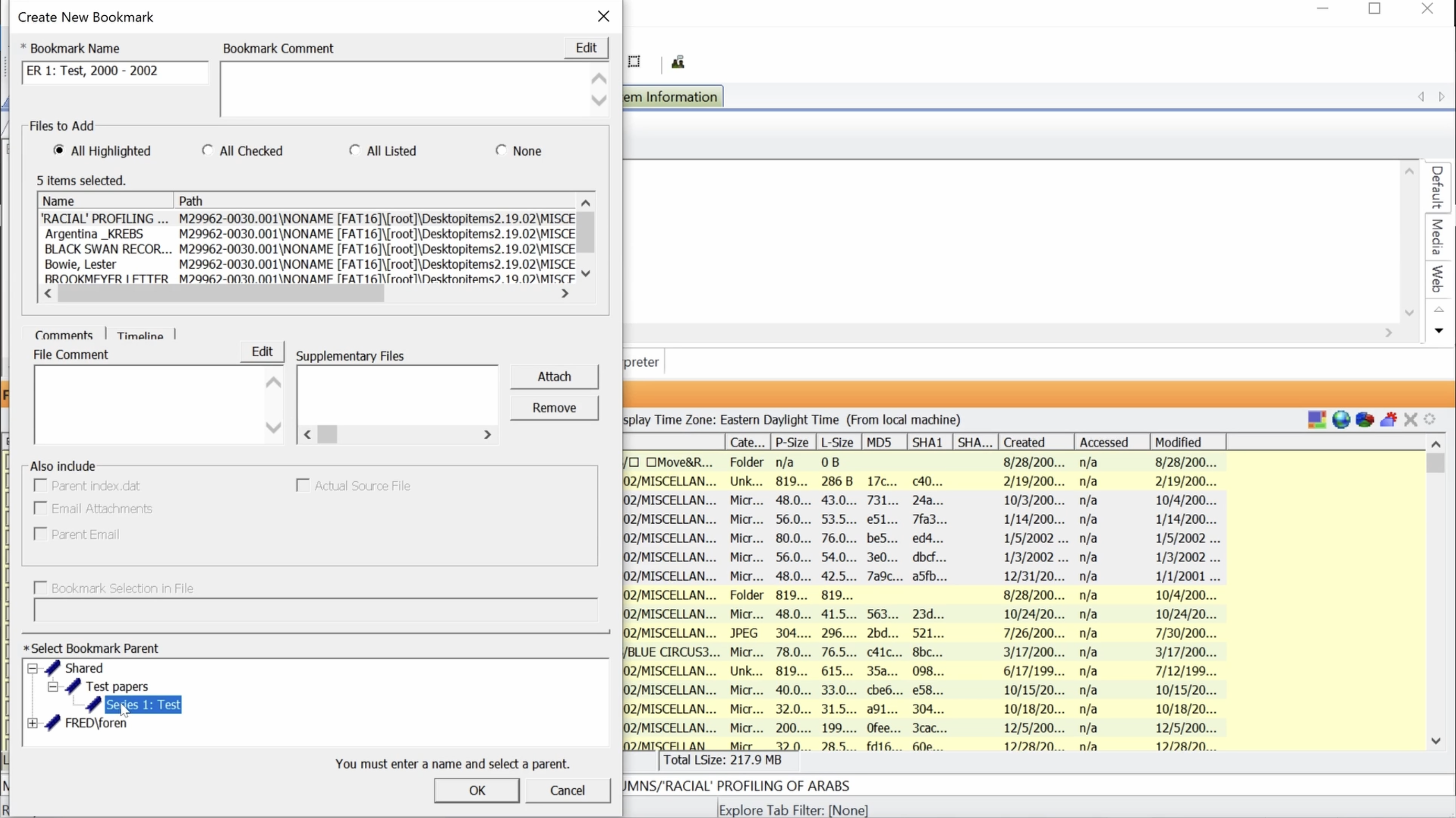 Create New Bookmark window with ER 1: Test, 2000 - 2002 typed in Bookmark Name field