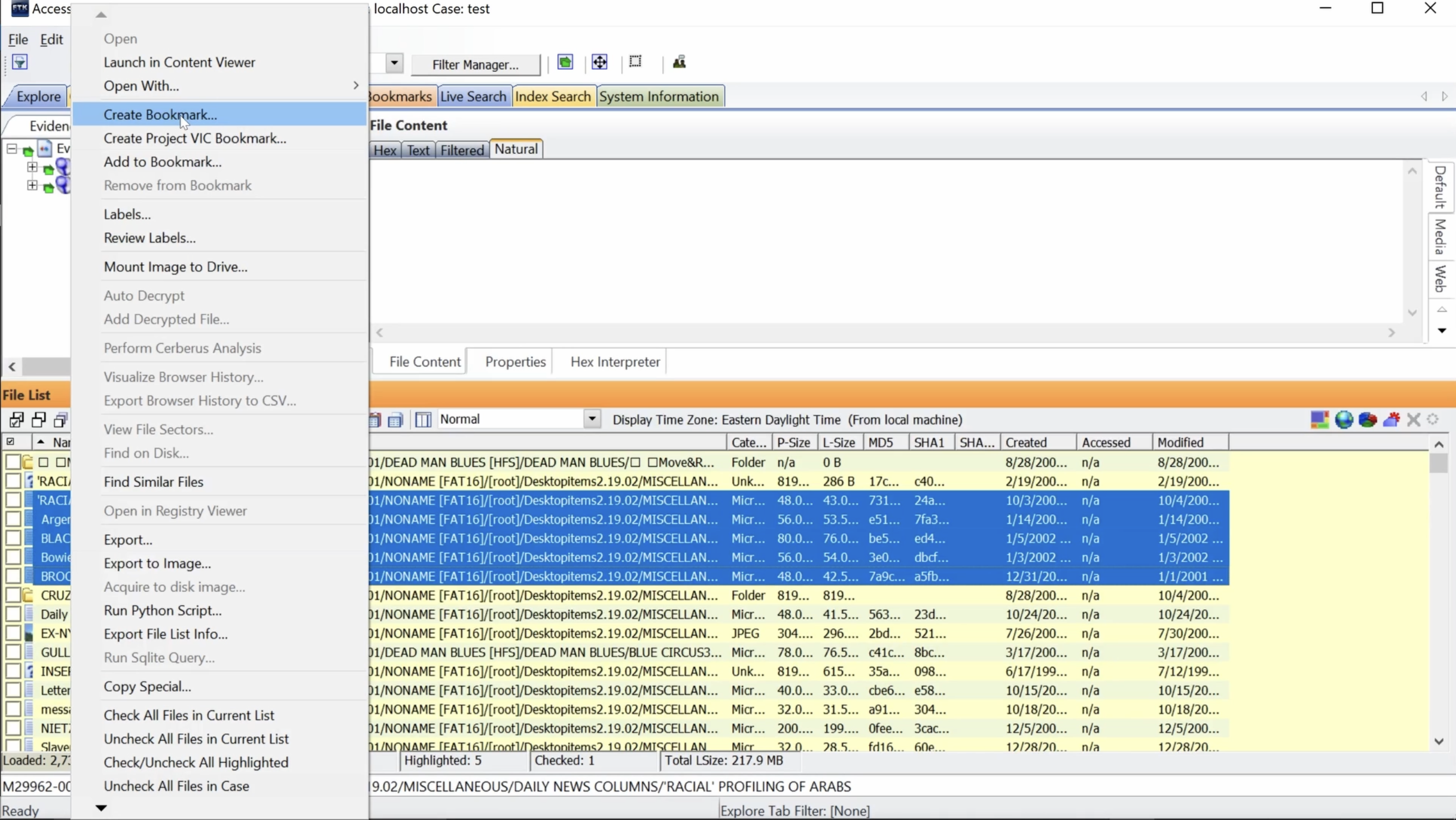 File List with Right click menu item Create Bookmark selected