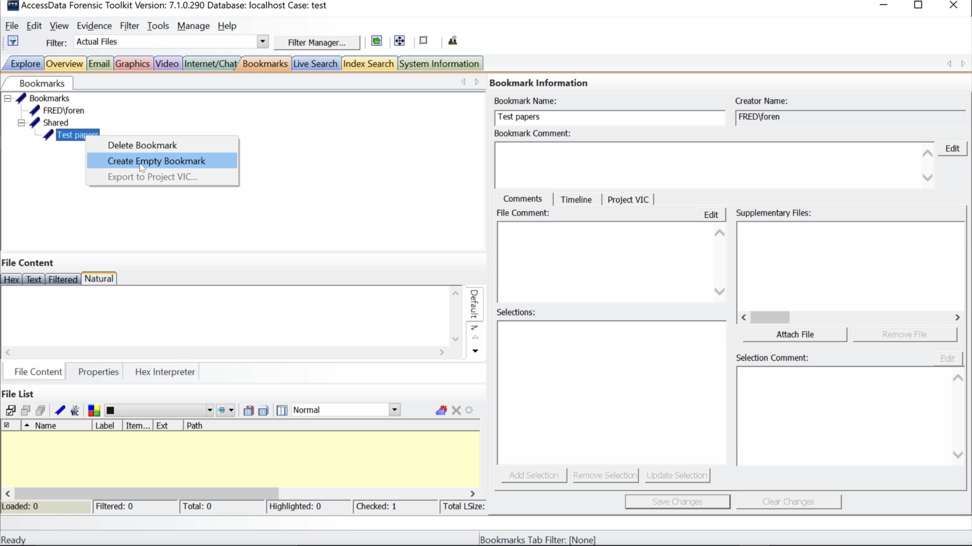 Bookmark tab with Right Click menu open and Create Empty Bookmark item highlighted