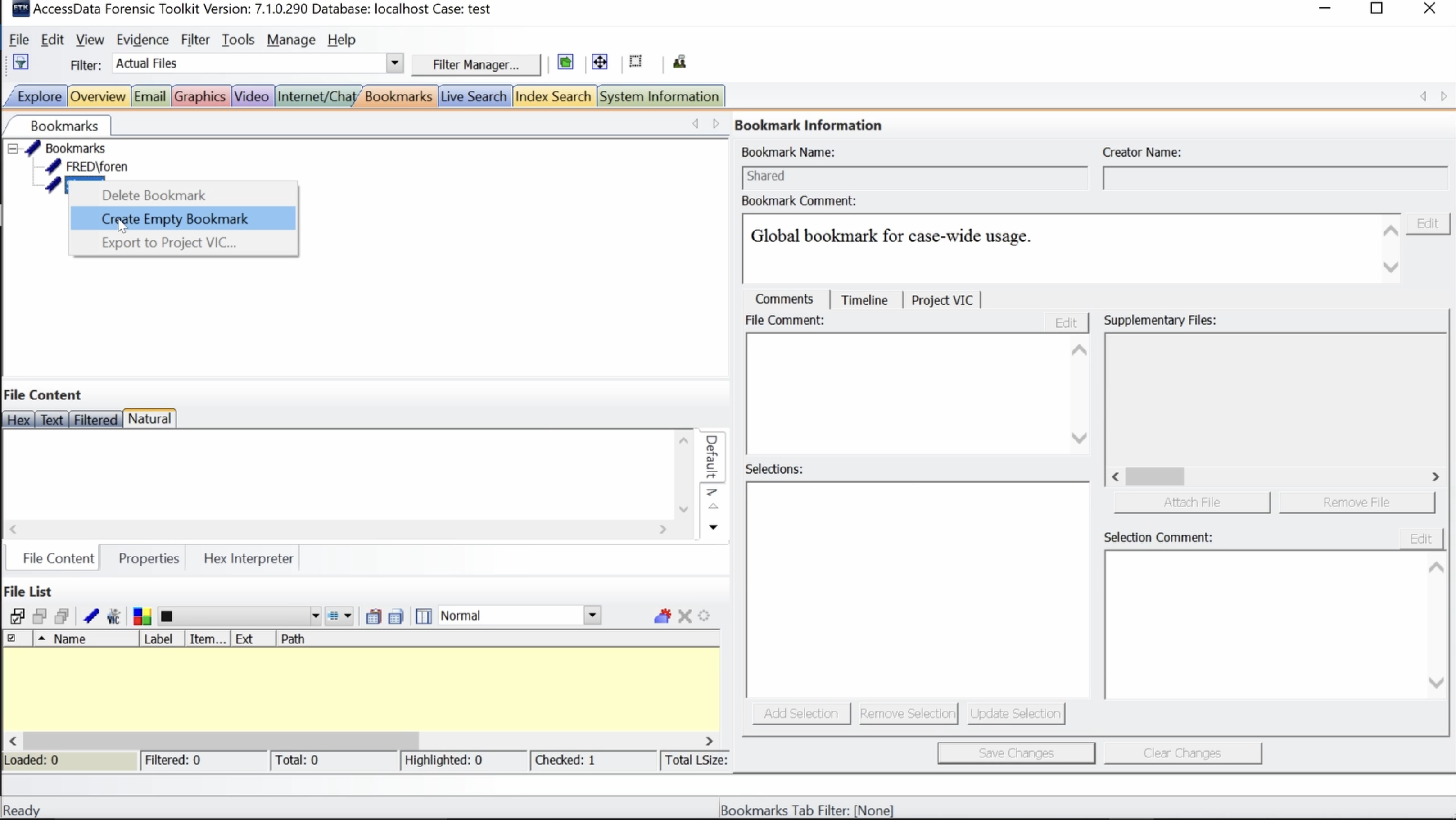 Bookmark tab with Right Click menu open and Create Empty Bookmark item highlighted