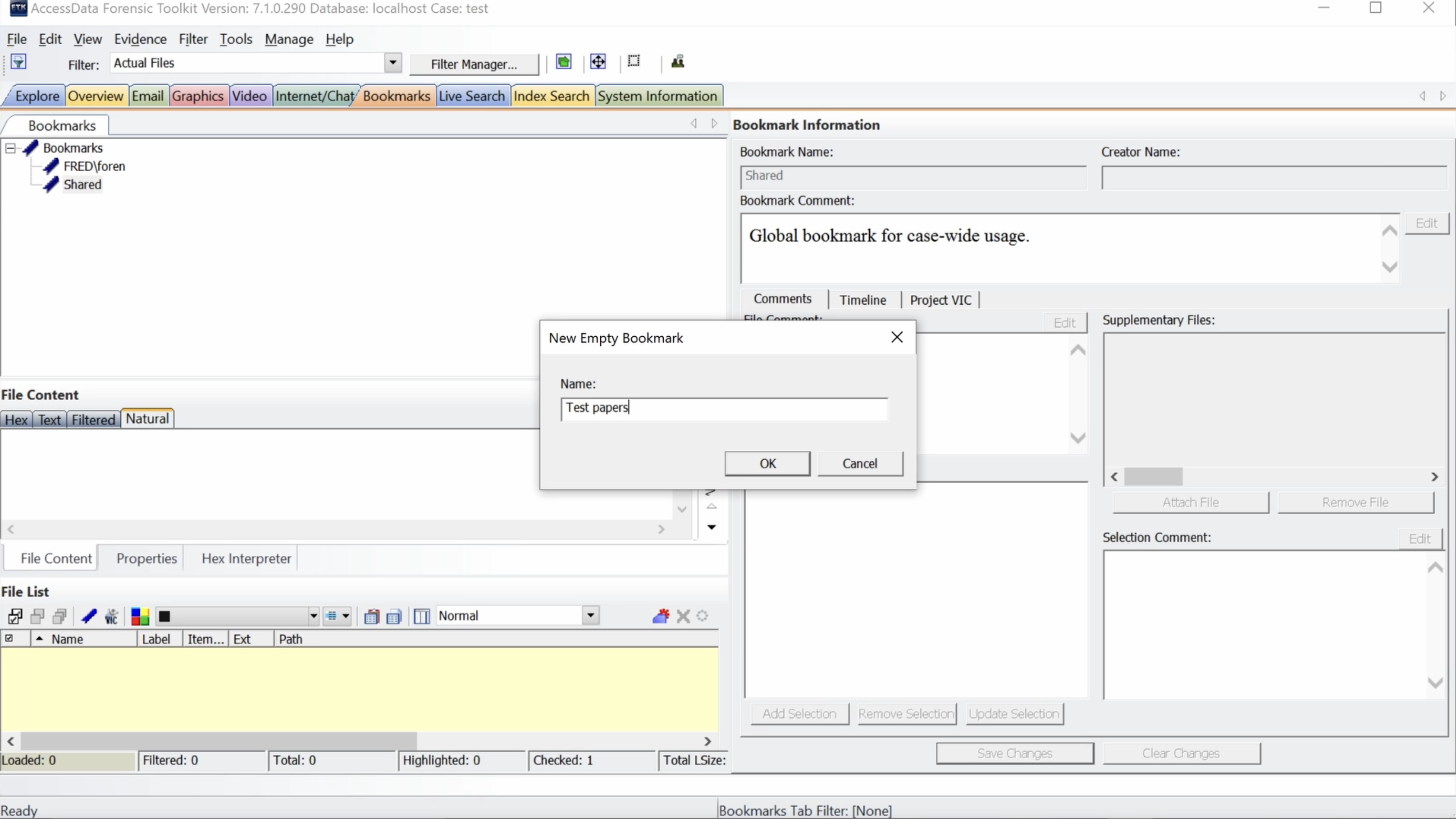 New Empty Bookmark window with Test papers typed in Name field