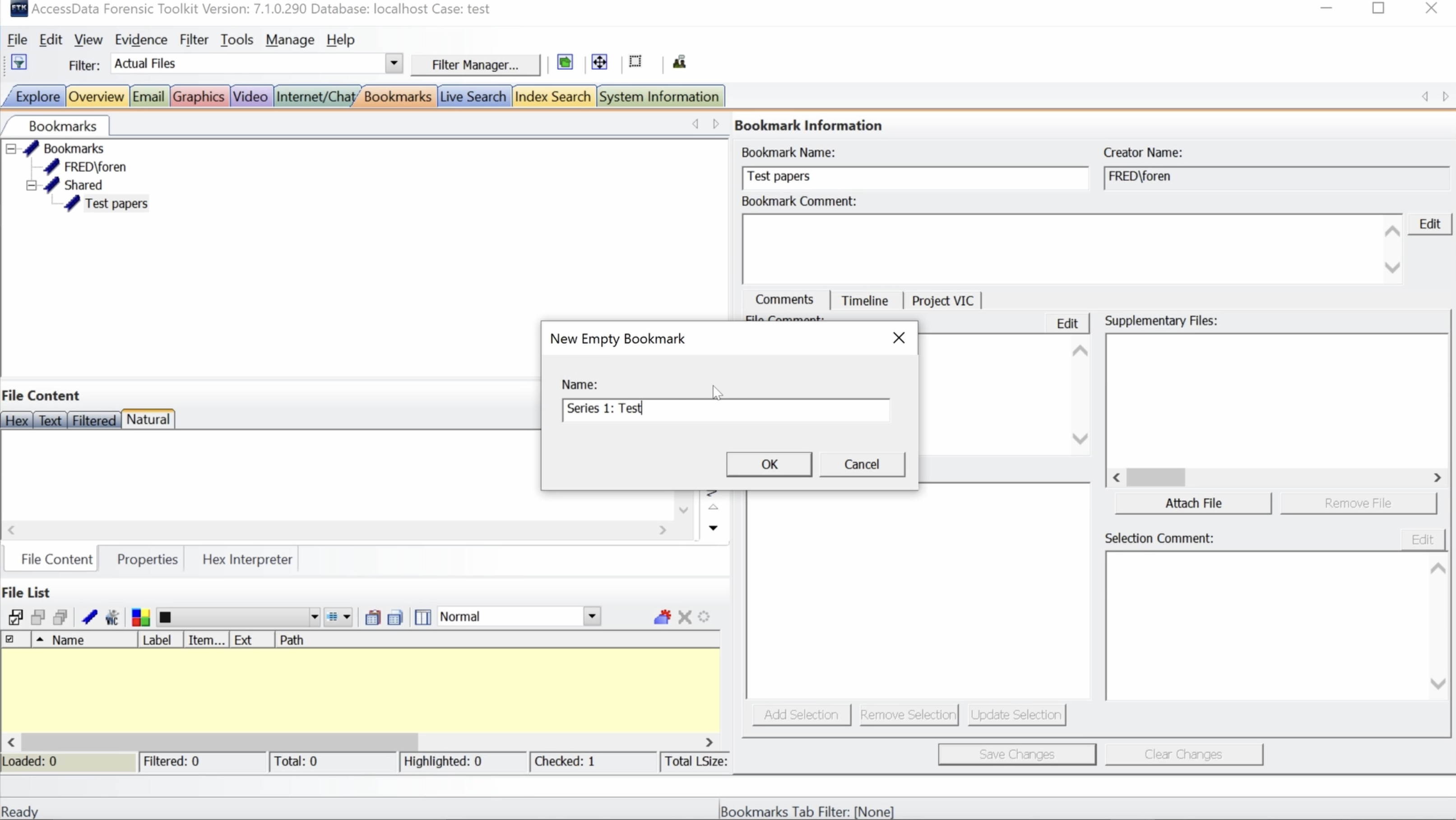 New Empty Bookmark window with Series 1: Test typed in Name field